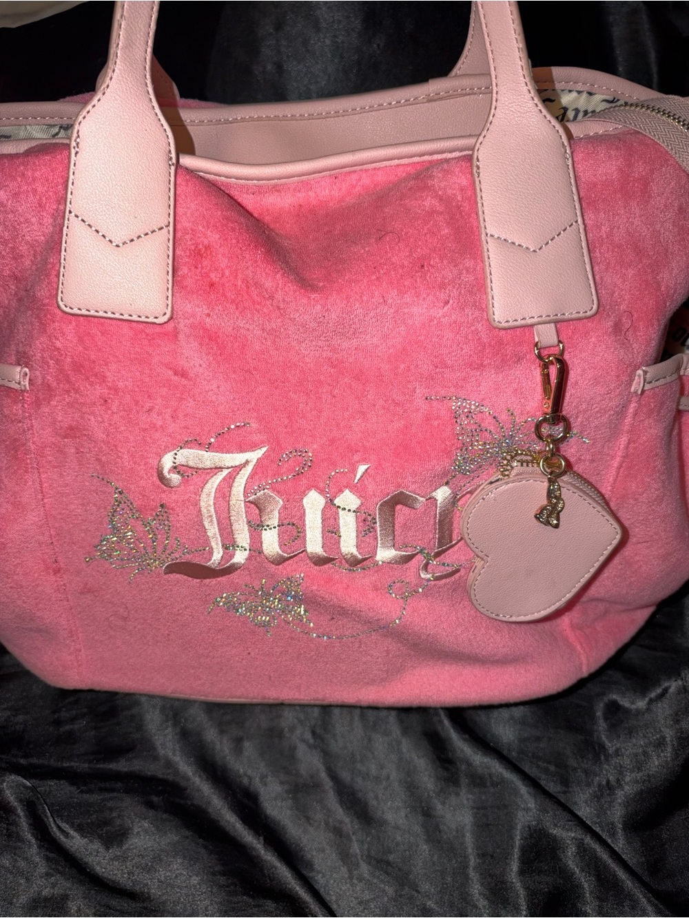 Juicy Couture Pink Velvet Tote with Heart Charm Accent